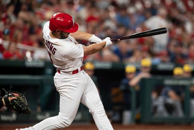 May 17, 2023; St. Louis, Missouri, USA; St. Louis Cardinals shortstop Paul DeJong (11) hits a home run in the sixth inning at Busch Stadium.