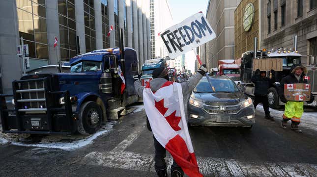 Truckers and supporters protest against mandates and restrictions related to Covid-19 vaccines in Ottawa, Ontario, Canada, on February 5, 2022.