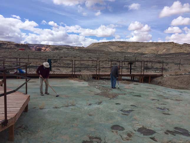 Volunteers from Utah Friends of Paleontology clean the track site in 2016.