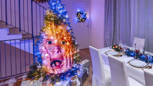 A Christmas tree decorated with Twinkly's Christmas lights with Macaulay Culkin's face from Home Alone superimposed on the tree.
