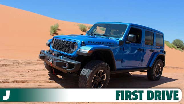 A photo of a blue Jeep Wrangler SUV with the Jalopnik First Drive graphic. 