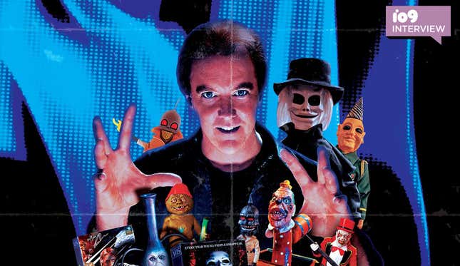 Producer, director, and writer Charles Band stands with some of his horror-movie creations on a crop of the cover of his new memoir.