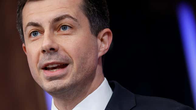 Pete Buttigieg speaks in the Eisenhower Executive Office Building in Washington, DC, US, on Monday, May 8, 2023