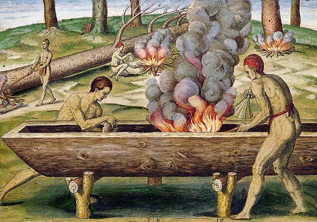 Una ilustración del método mapuche de fabricar canoas con fuego.