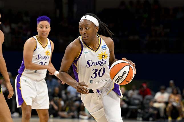 Jul 22, 2023; Arlington, Texas, USA; Los Angeles Sparks forward Nneka Ogwumike (30) brings the ball up court against the Dallas Wings during the second half at College Park Center.