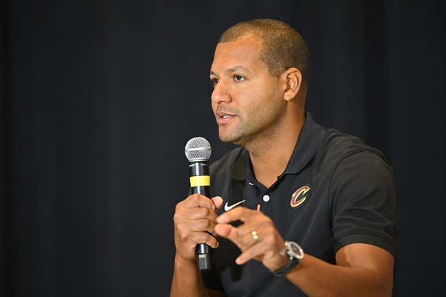Sep 14, 2022; Cleveland, OH, USA; Cleveland Cavaliers president of basketball operations Koby Altman speaks to the media during an introductory press conference at Rocket Mortgage FieldHouse.