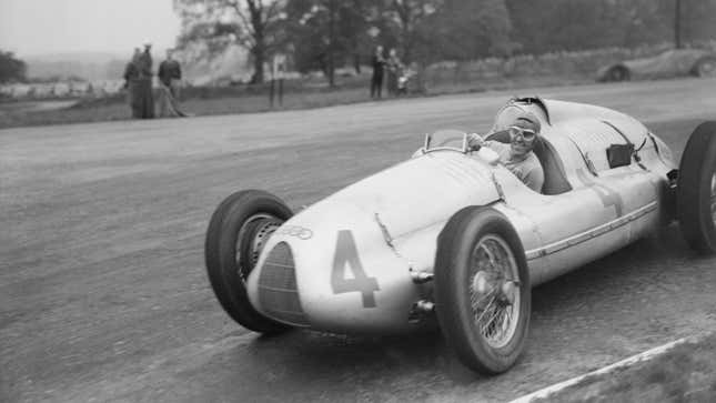 October 1938: Tazio Nuvolari of Italy driving an Auto Union car in the International Grand Prix at Donington.
