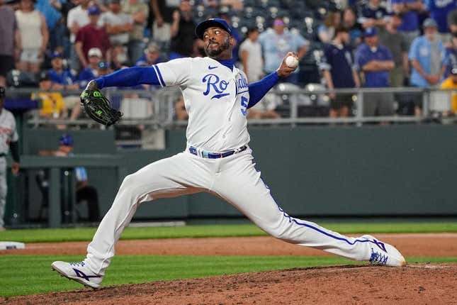May 23, 2023; Kansas City, Missouri, USA; Kansas City Royals relief pitcher Aroldis Chapman (54) delivers a pitch against the Detroit Tigers in the ninth inning at Kauffman Stadium.