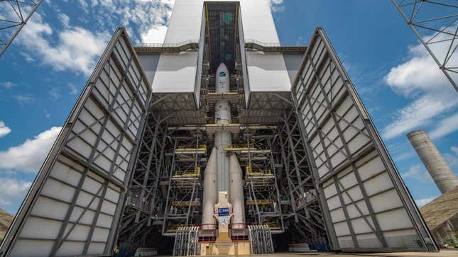 A fully stacked Ariane 6 at Europe’s Spaceport in French Guiana.