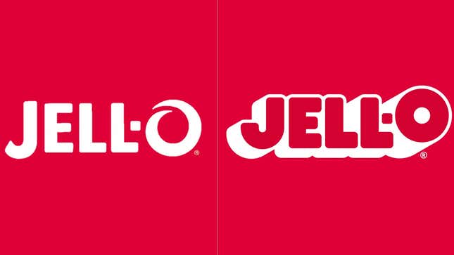 Left: Old Jell-O logo, with more angular font. Right: New puffy, bold lettering.