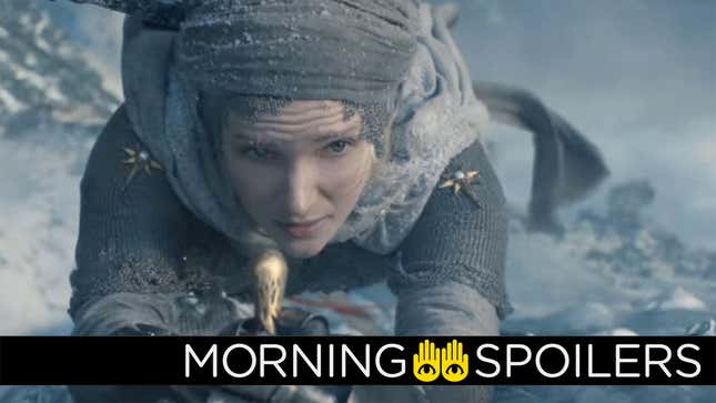 A young Galadriel uses a dagger to hang hold herself on the side of an icy mountain.