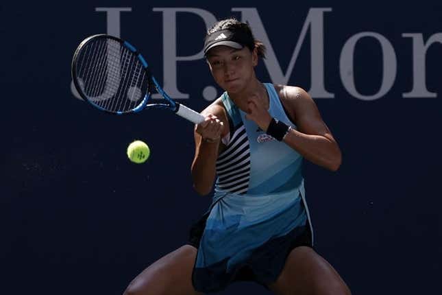 Sep 3, 2023; Flushing, NY, USA; Xinyu Wang of China hits a forehand against Karol na Muchova of Czech Republic (not pictured) on day seven of the 2023 U.S. Open tennis tournament at USTA Billie Jean King National Tennis Center.