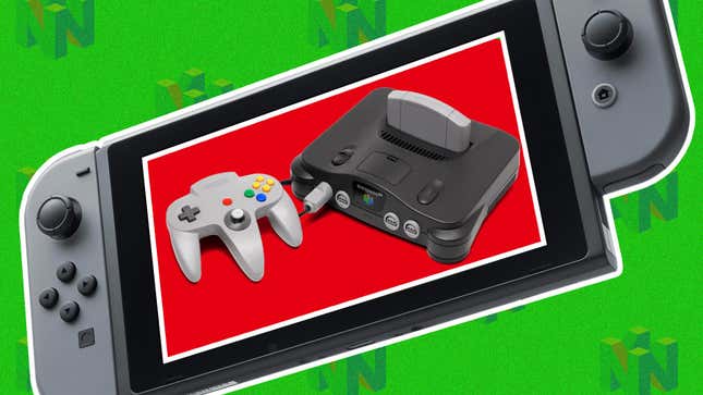 A Nintendo Switch floats above a green background of Nintendo 64 logos, displaying an N64 and its controller.