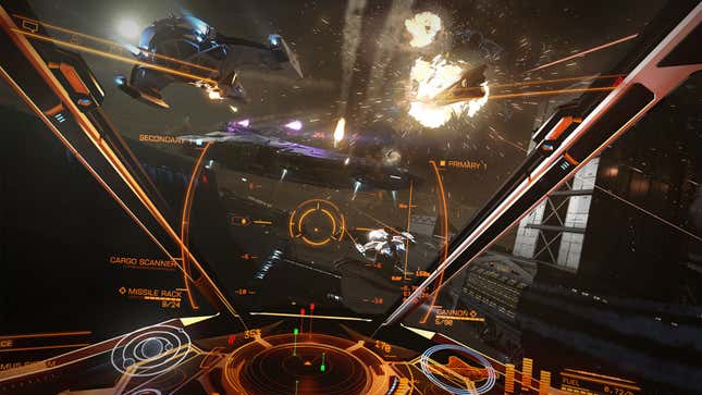 A first-person view from a cockpit shows a space battle.