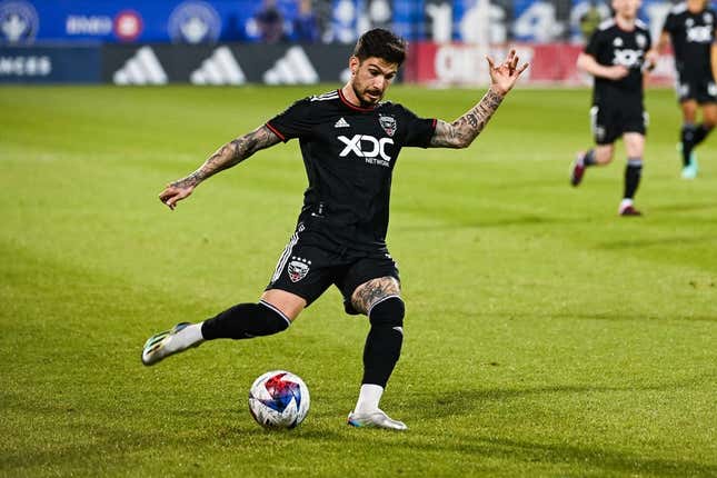 Apr 15, 2023; Montreal, Quebec, CAN;DC United forward Taxi Fountas (11) kicks the ball during the first half against D.C. United at Stade Saputo.