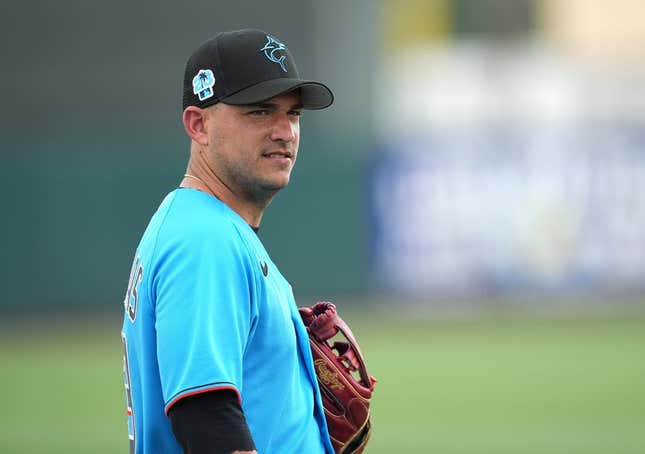 Mar 13, 2023; Jupiter, Florida, USA;  Miami Marlins shortstop Jose Iglesias (13) before the game against the New York Mets at Roger Dean Stadium.