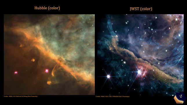 Webb and Hubble images of the nebula side by side.