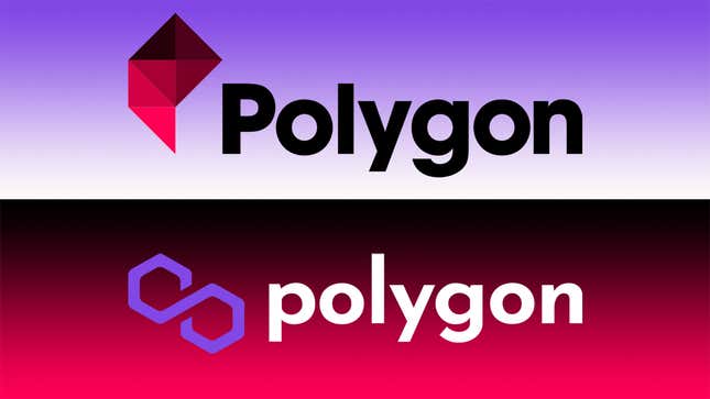 The logo for the website Polygon on top of the logo of blockchain company Polygon. 