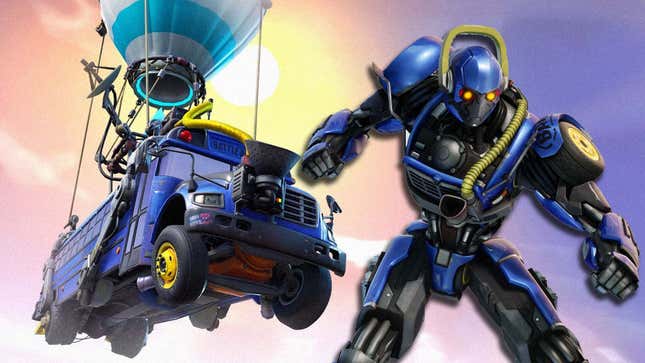 An image shows the Fortnite Battle Bus behind the new Transformers character. 