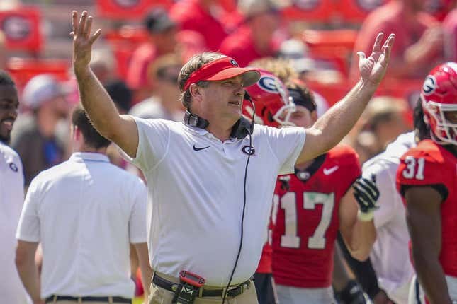 Sep 9, 2023; Athens, Georgia, USA; Georgia Bulldogs head coach Kirby Smart reacts to the game against the Ball State Cardinals during the second half at Sanford Stadium.