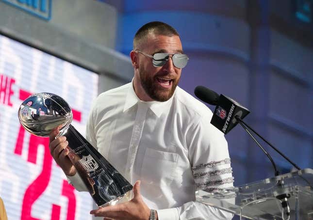 Apr 27, 2023; Kansas City, MO, USA; Kansas City Chiefs tight end Travis Kelce greets fans during the first round of the 2023 NFL Draft at Union Station.