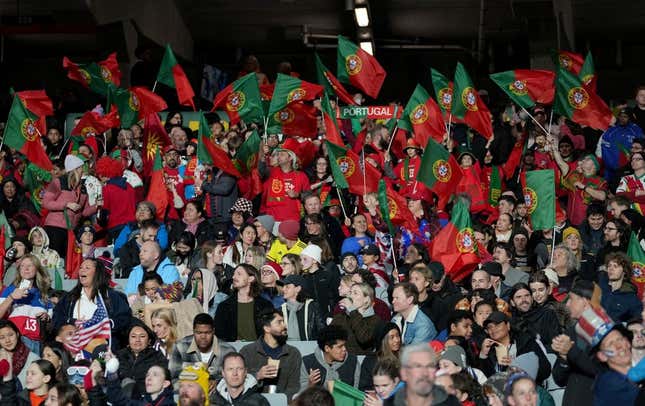 Aug 1, 2023; Auckland, NZL; Portugal fans before a group stage match against the United States during the 2023 FIFA Women&#39;s World Cup at Eden Park.