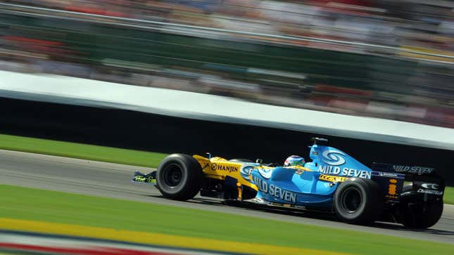 A photo of Giancarlo Fisichella driving his Renault F1 car. 