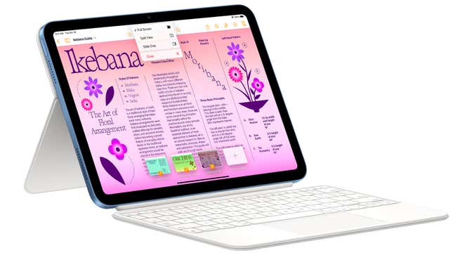 The 10th generation Apple iPad attached to a keyboard case on a white background.