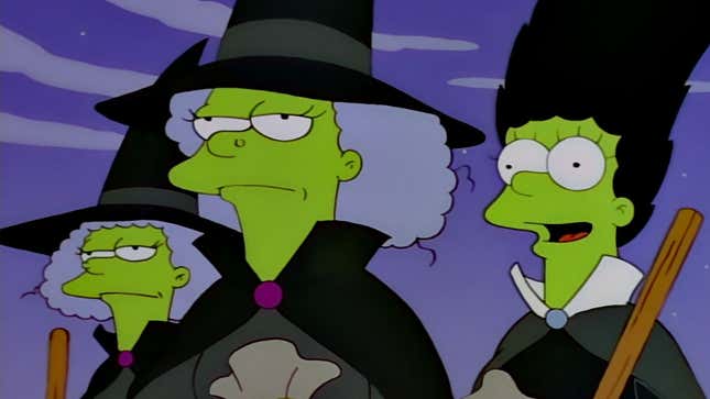 A screenshot from The Simpsons shows three witches. 