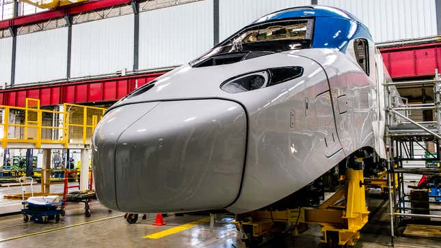 A photo of a high-speed train being built for Amtrak. 