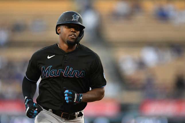 Aug 18, 2023; Los Angeles, California, USA; Miami Marlins designated hitter Jorge Soler (12) runs the bases after hitting a home run against the Los Angeles Dodgers during the first inning at Dodger Stadium.