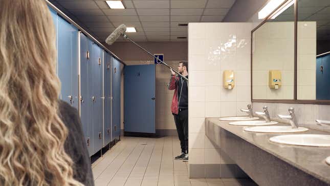 Image for article titled Woman Suspects Hidden Camera In Public Restroom After Noticing Boom Mic Operator In Corner