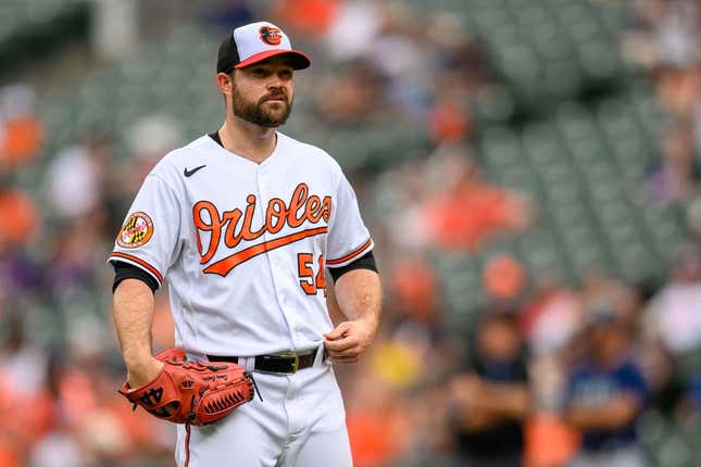 Jun 25, 2023; Baltimore, Maryland, USA; Baltimore Orioles relief pitcher Danny Coulombe (54) looks on during the eighth inning against the Seattle Mariners at Oriole Park at Camden Yards.