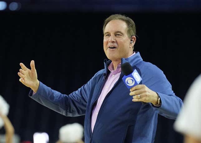Mar 31, 2023; Houston, TX, USA; CBS broadcaster Jim Nantz reacts during a practice session the day before the Final Four of the 2023 NCAA Tournament at NRG Stadium.