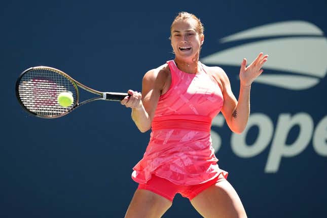 Aug 31, 2023; Flushing, NY, USA; Aryna Sabalenka hits to Jodie Burrage of Great Britain on day four of the 2023 U.S. Open tennis tournament at USTA Billie Jean King National Tennis Center.