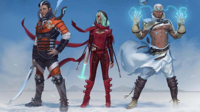 Imagined Numenera characters stand in a barren snowy landscape.