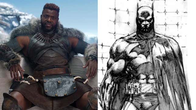 Left: Winston Duke relaxes as M'Baku in Marvel's Black Panther. Right: Art of Batman from DC's announcement teaser for Batman Unburied.