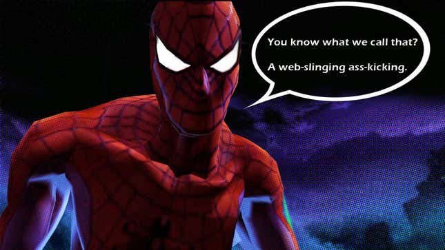 A speech bubble pops up next to Spider-Man as he stands in front of a dark night sky and glares into the camera. 