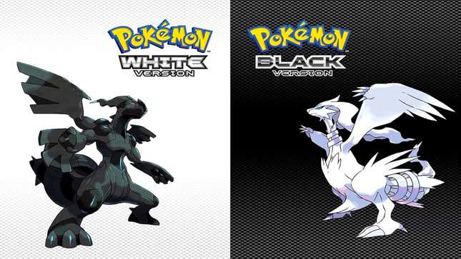 Zekrom and Reshiram are seen standing in front of a black and white background.