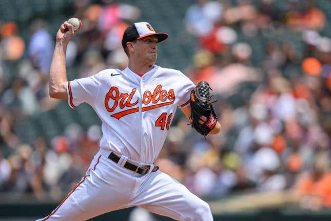 Jun 11, 2023; Baltimore, Maryland, USA; Baltimore Orioles starting pitcher Kyle Gibson (48) throws a pitch during the first inning against the Kansas City Royals at Oriole Park at Camden Yards.