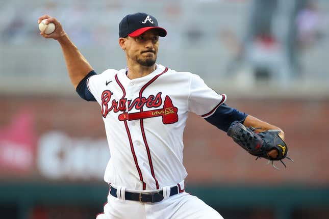Aug 16, 2023; Atlanta, Georgia, USA; Atlanta Braves starting pitcher Charlie Morton (50) throws against the New York Yankees in the first inning at Truist Park.