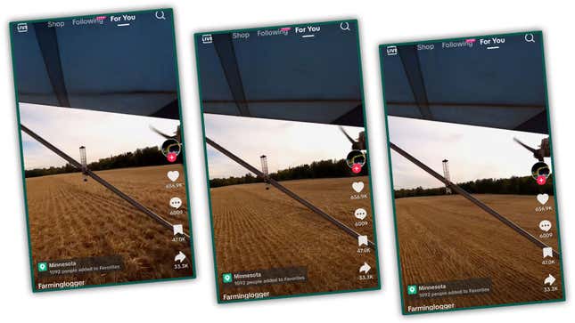 three screenshots of a TikTok video showing a plane flying above a field. 