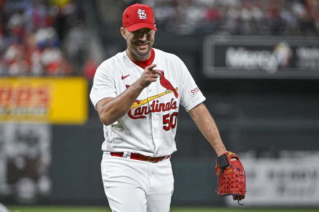 Sep 18, 2023; St. Louis, Missouri, USA;  St. Louis Cardinals starting pitcher Adam Wainwright (50) reacts after a double play against the Milwaukee Brewers to end the sixth inning at Busch Stadium.