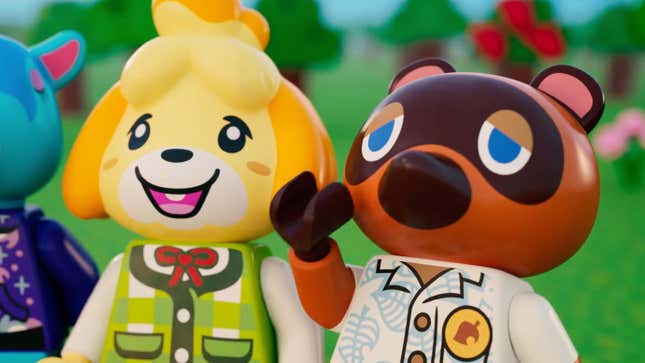 Lego Tom Nook and Isabelle stand in a forest.