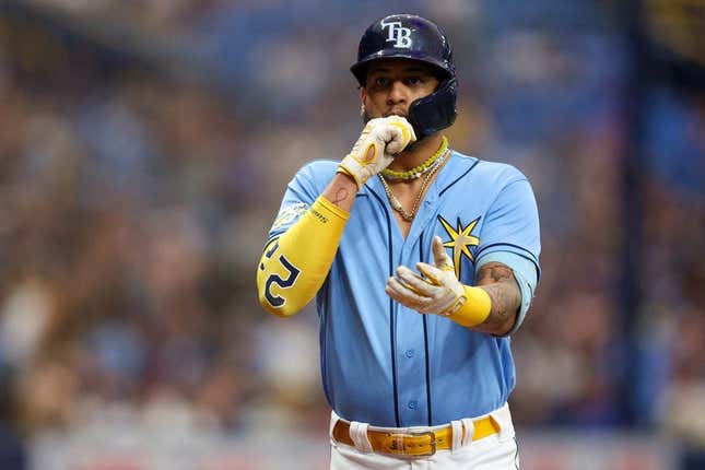 Jun 25, 2023; St. Petersburg, Florida, USA;  Tampa Bay Rays center fielder Jose Siri (22) runs the bases after hitting a solo home run against the Kansas City Royals in the third inning at Tropicana Field.