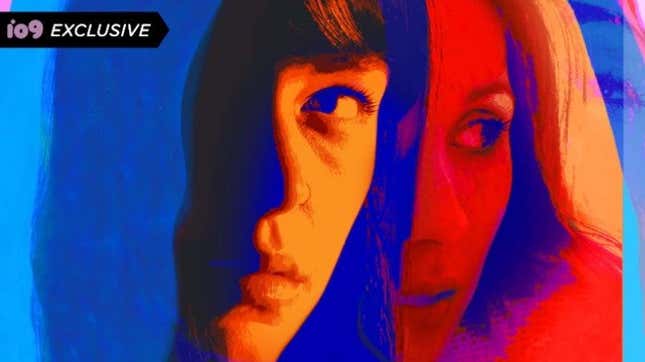 A photo illustration of two women in close-up, rendered in blue, red, and orange