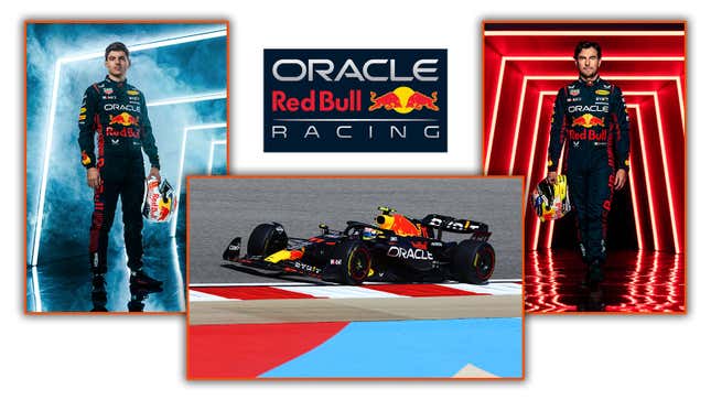A collage of images showing Mx Verstappen, Sergio Perez and the Red Bull F1 car. 