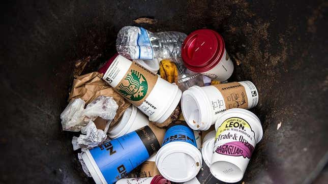 Coffee cups make up the majority of the contents of a street rubbish bin in central London. 