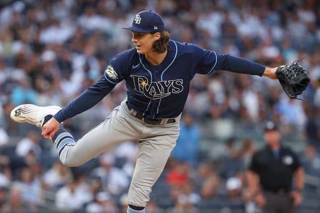 Jul 31, 2023; Bronx, New York, USA; Tampa Bay Rays starting pitcher Tyler Glasnow (20) delivers a pitch during the first inning against the New York Yankees at Yankee Stadium.