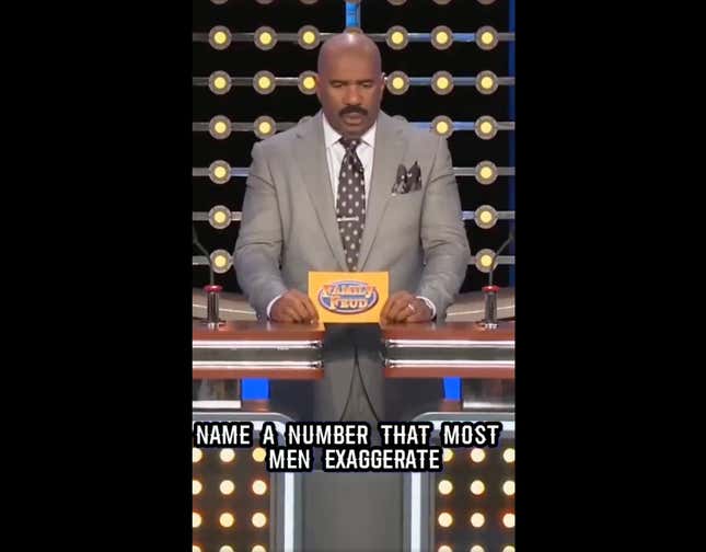 Host Steve Harvey is shown holding a "Family Feud" cue card.